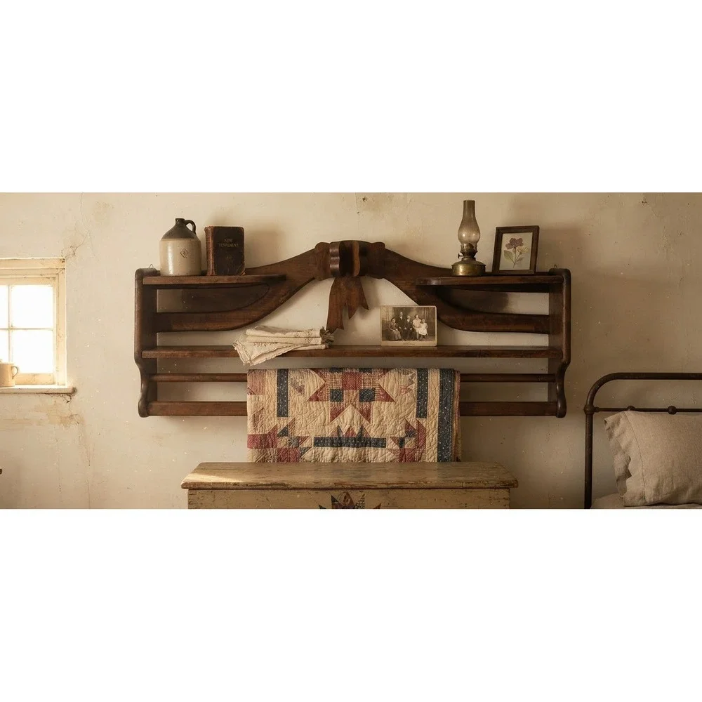Vintage Walnut Wood Quilt Rack Wall Shelf Carved Bow Ribbon Display 38in GP 92